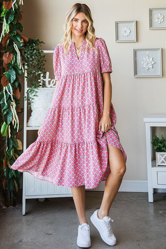 Tiered Geometric Notched Short Sleeve Boho Dress - Spirit and Rebel [Spirit and Rebel] Pink Multi S 