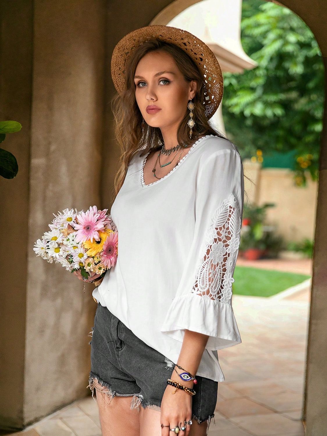 Spirit and Rebel Plus Size Lace Detail V-Neck Three-Quarter Sleeve Bohemian Blouse [Spirit and Rebel]   