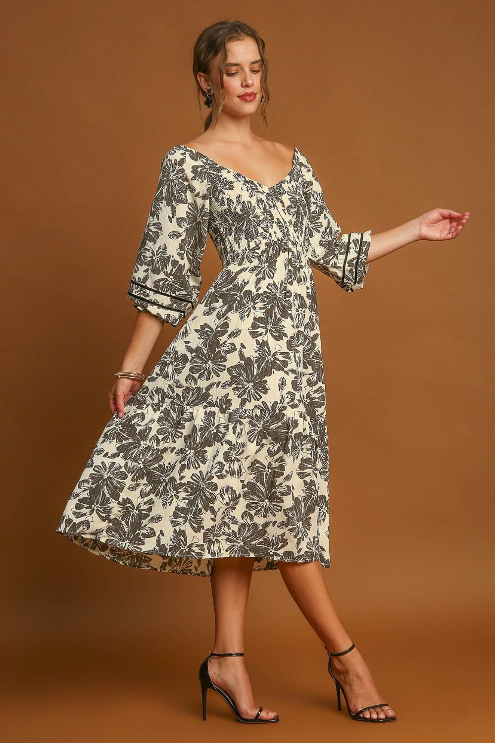 Ruffle Hem Flower Printed V-Neck Dress [Spirit and Rebel]