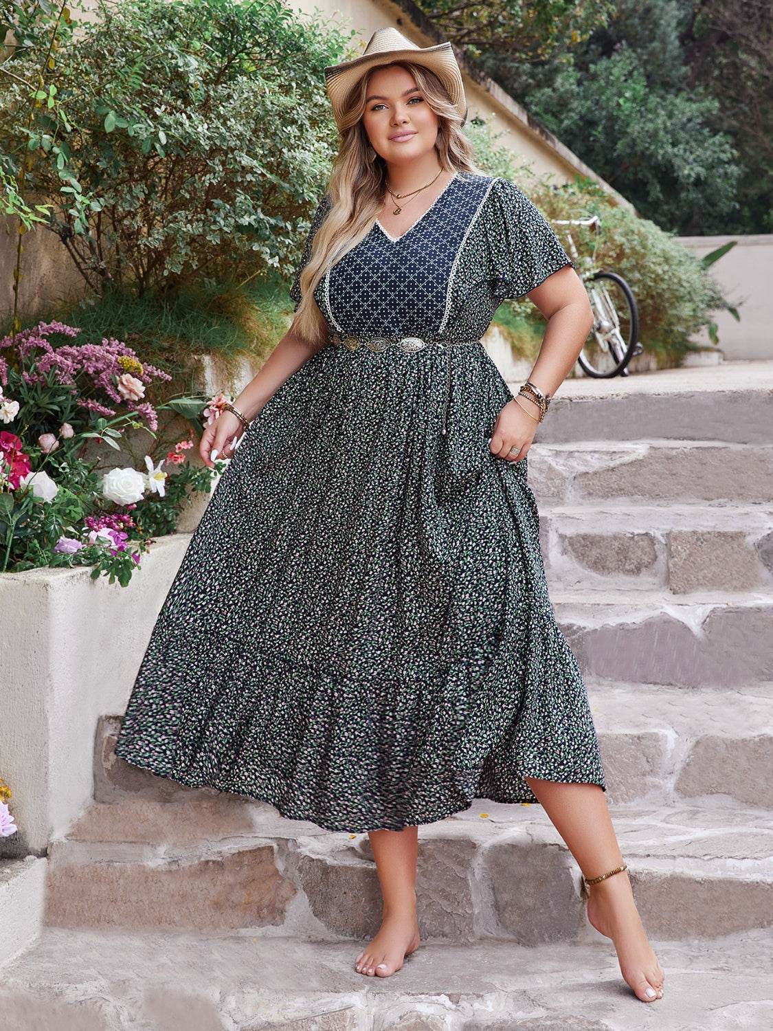 Plus Size Printed V-Neck Flutter Sleeve Boho Midi Dress [Spirit and Rebel]   