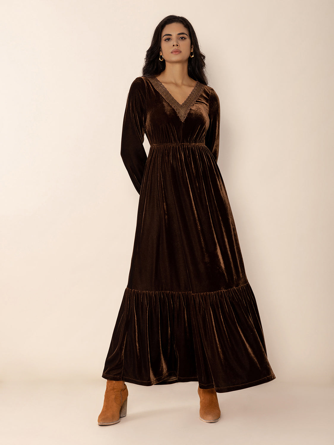 Spirit and Rebel Lace Detail V-Neck Long Sleeve Maxi Dress [Spirit and Rebel]   