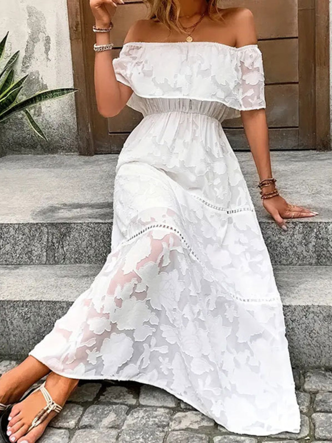 Off-Shoulder Short Sleeve Maxi Boho Dress - Spirit and Rebel [Spirit and Rebel]   