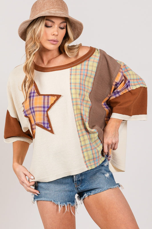 Round Neck Plaid Star Patch T-Boho Shirt - Spirit and Rebel [Spirit and Rebel] Mocha S 