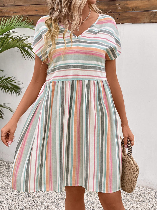 Striped V-Neck Short Sleeve Boho Dress - Spirit and Rebel [Spirit and Rebel] Stripe S 