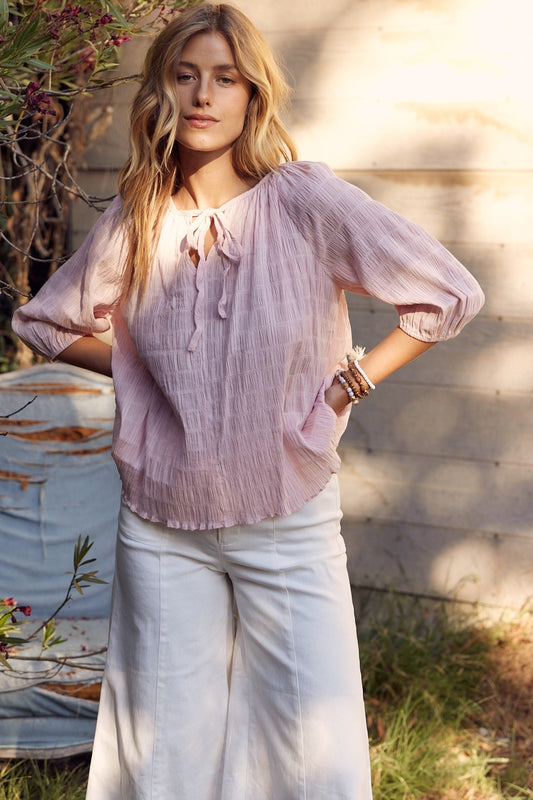 Textured Tie Neck Boho Blouse - Spirit and Rebel [Spirit and Rebel] Dusty Pink S 