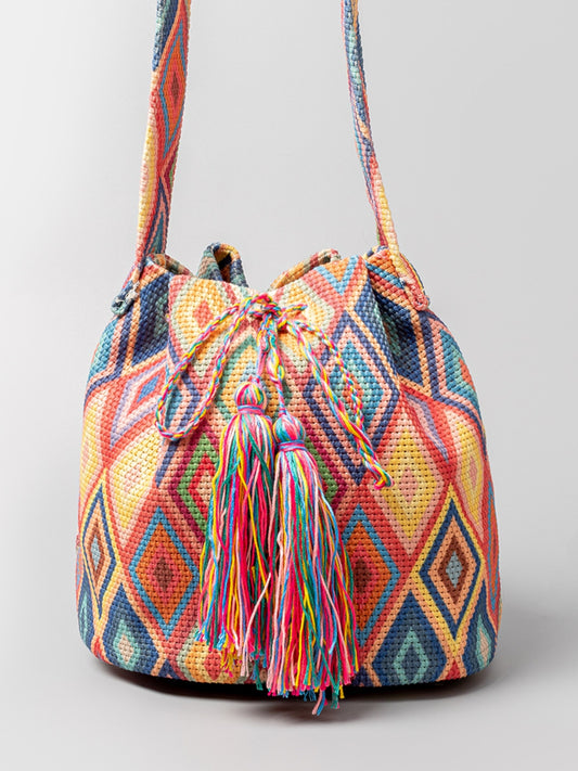 Drawstring Tassel Geometric Shoulder Boho Bag - Spirit and Rebel [Spirit and Rebel] Multicolor One Size 