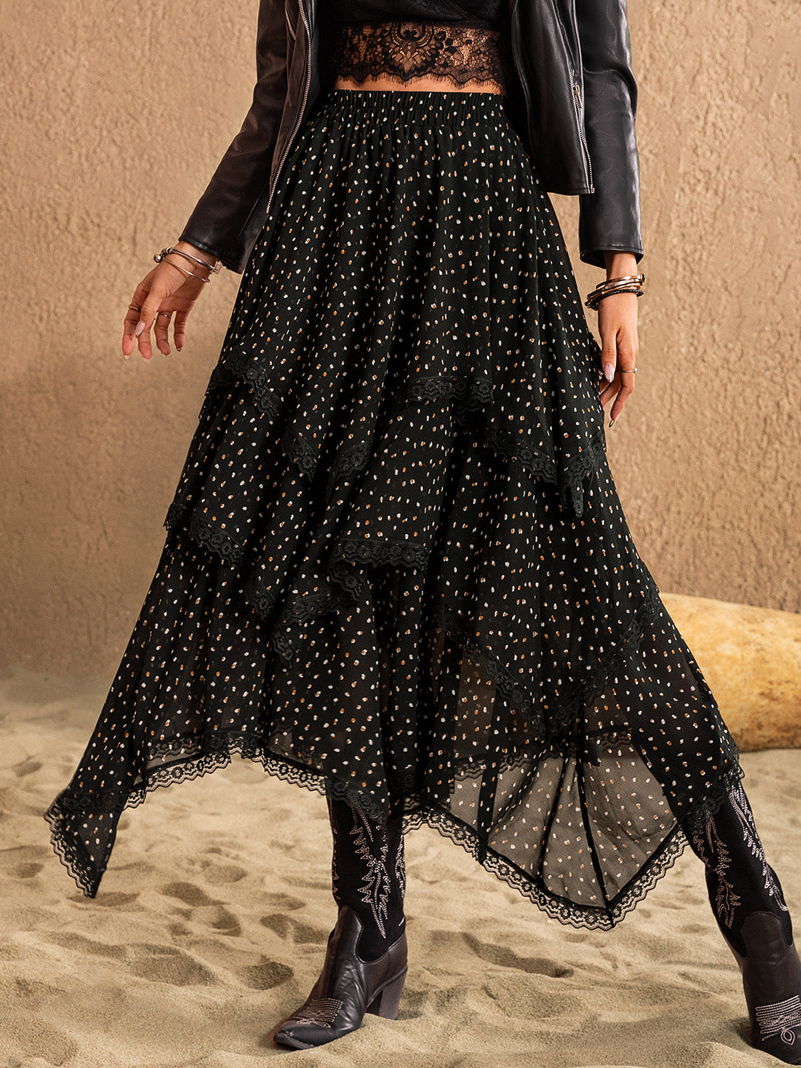 Lace Detail Layered Midi Skirt - Spirit and Rebel [Spirit and Rebel]   