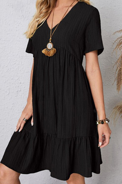 Boho Chic  Plus Size Ruched V-Neck Short Sleeve Dress [Spirit and Rebel] Black S 