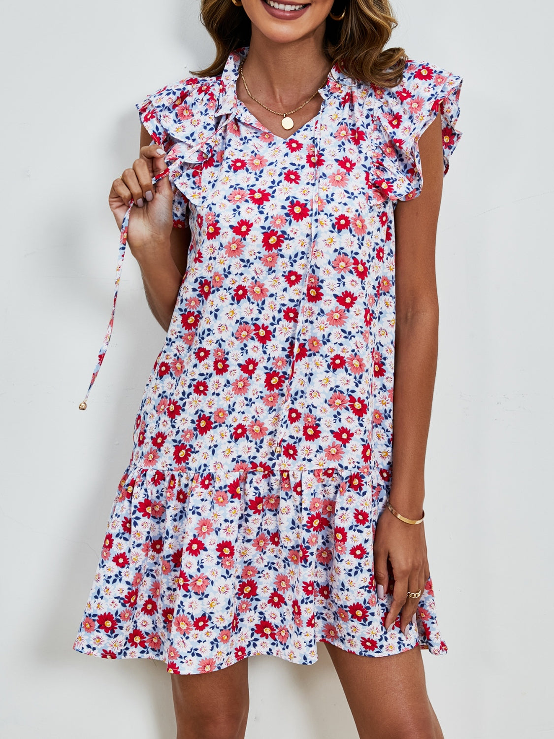 Tied Floral Cap Sleeve Mini Boho Dress - Spirit and Rebel [Spirit and Rebel]   