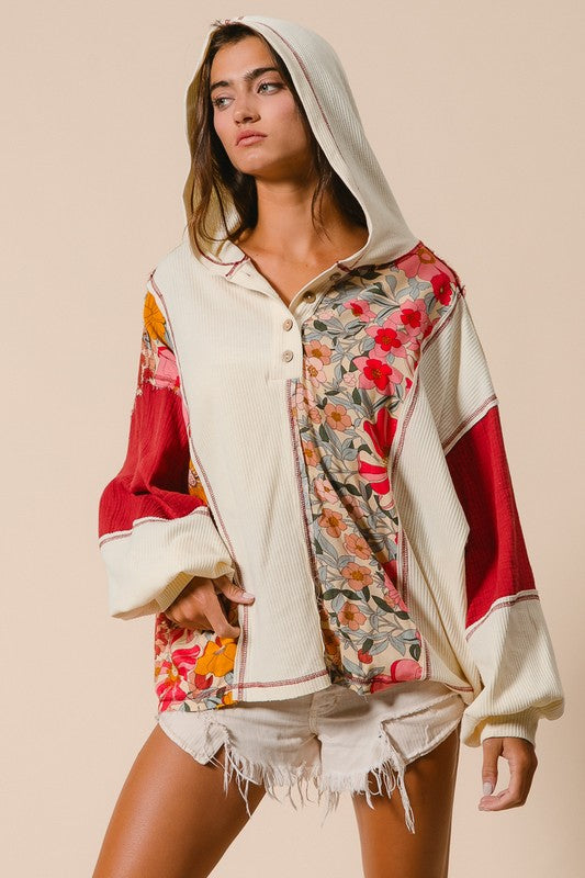 Contrast Stitching Floral Half Button Hoodie [Spirit and Rebel]