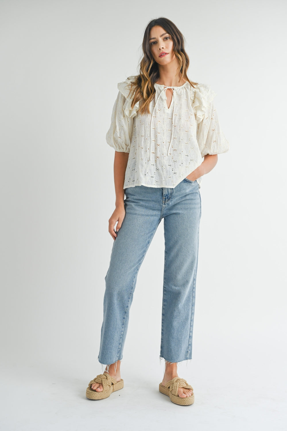 Eyelet Lace Ruffle Shoulder Puff Sleeve Boho Blouse - Spirit and Rebel [Spirit and Rebel]   