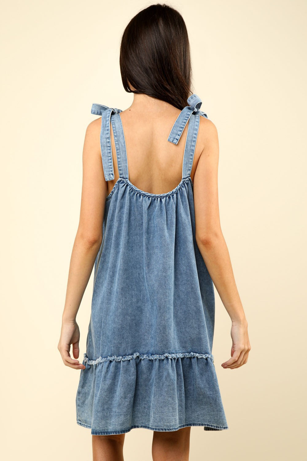 Shoulder Tie Washed Denim Mini Dress - Spirit and Rebel [Spirit and Rebel]   