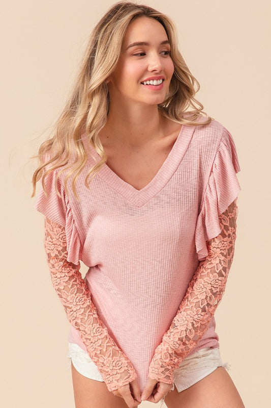 Ruffled Lace Sleeve Rib Knit Boho Top - Spirit and Rebel [Spirit and Rebel] Blush Pink S 