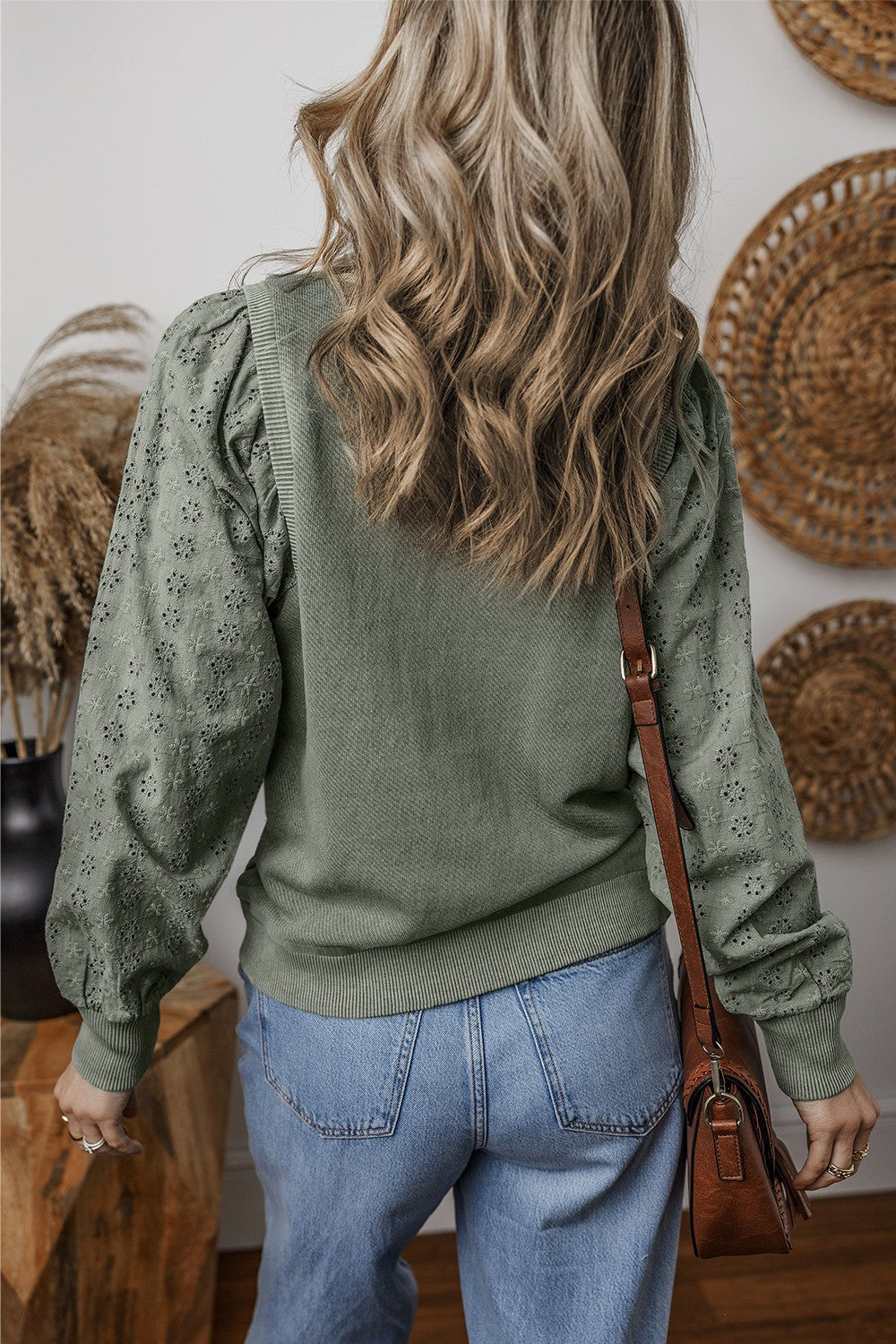 Eyelet Round Neck Long Sleeve Boho Sweatshirt - Spirit and Rebel [Spirit and Rebel]   