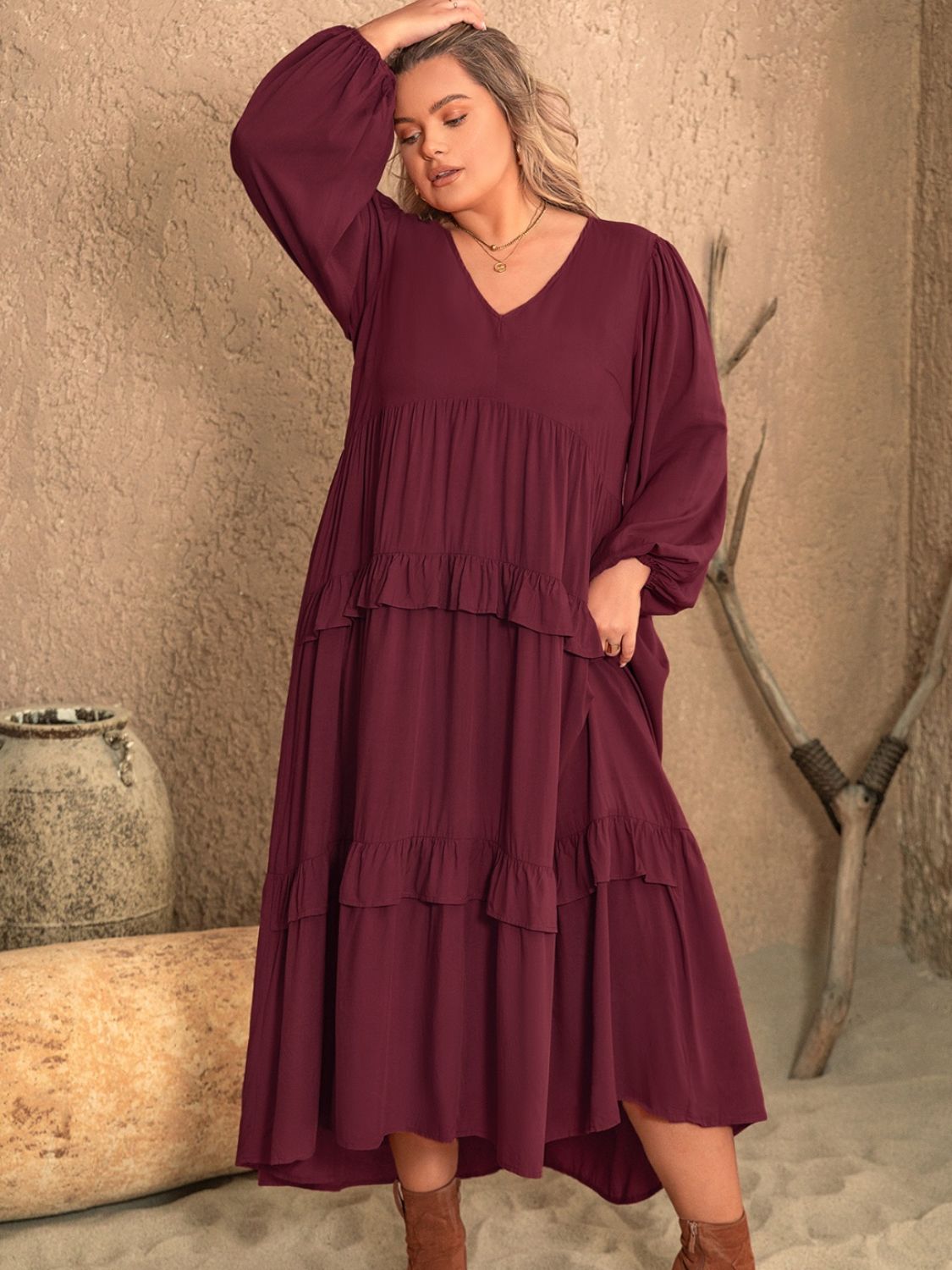 Plus Size Ruffled V-Neck Long Sleeve Dress - Spirit and Rebel [Spirit and Rebel] Burgundy 0XL 