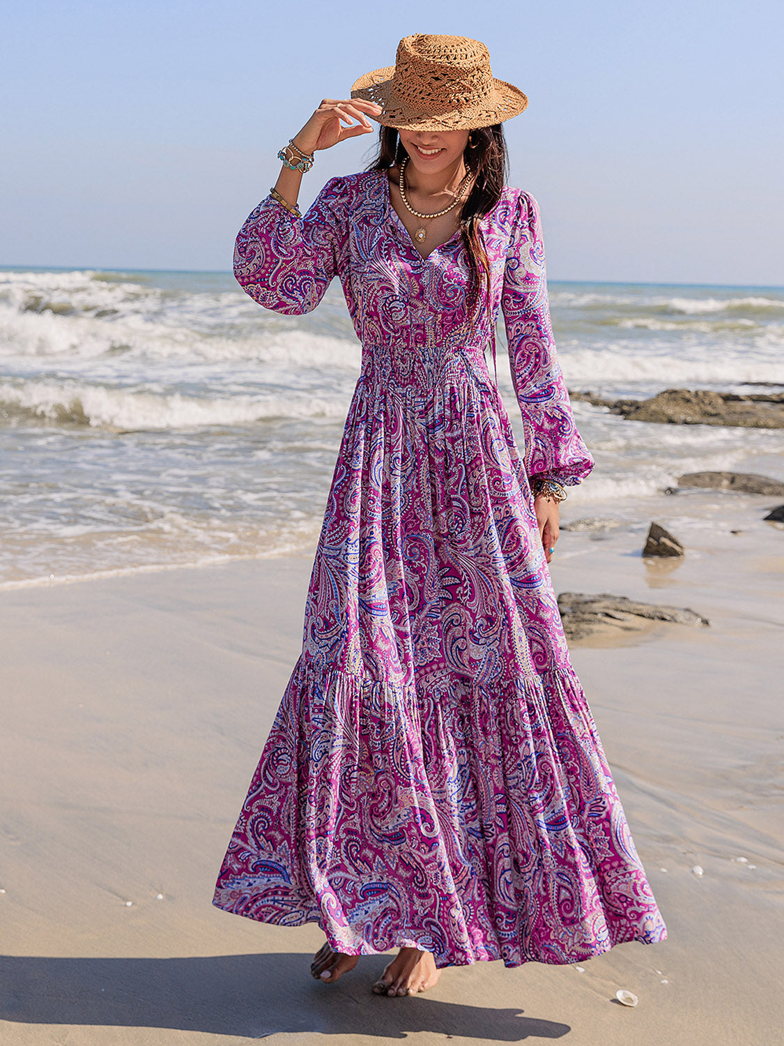 Spirit and Rebel Printed Tie Neck Balloon Sleeve Maxi Dress [Spirit and Rebel]   