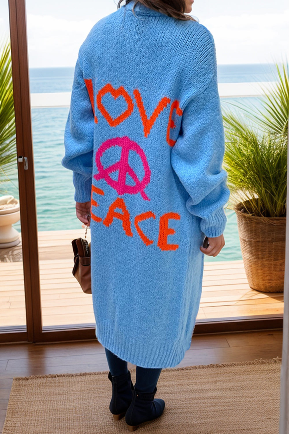 Peace Sign Long Sleeve Boho Cardigan - Spirit and Rebel [Spirit and Rebel] Cerulean S 