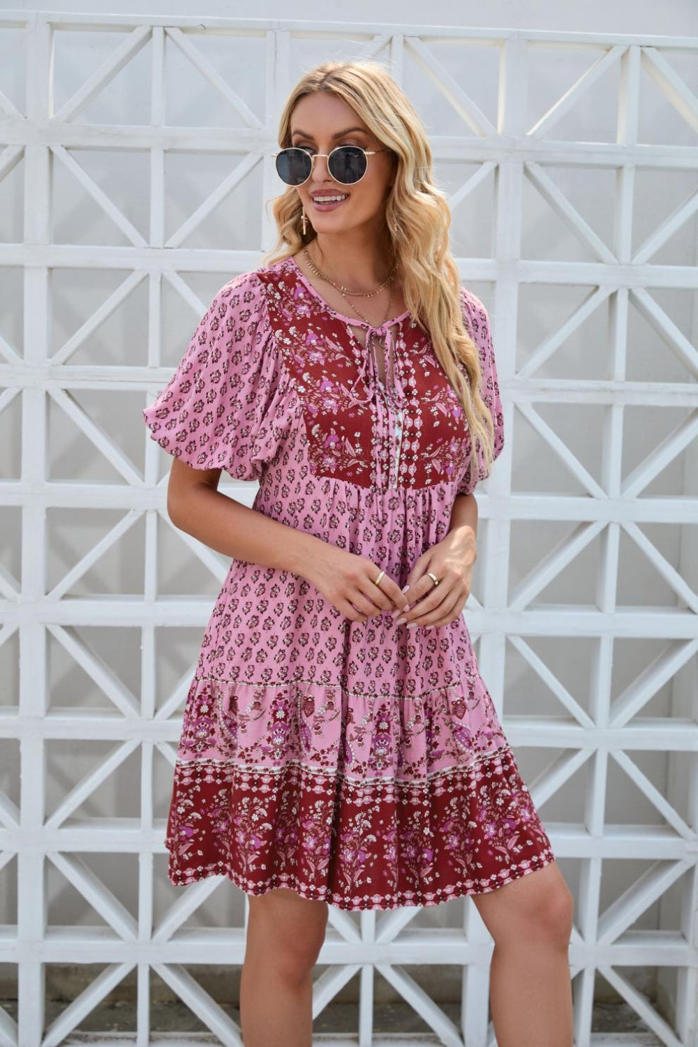 Printed Tie Neck Half Sleeve Boho Dress - Spirit and Rebel [Spirit and Rebel] Fuchsia Pink S 