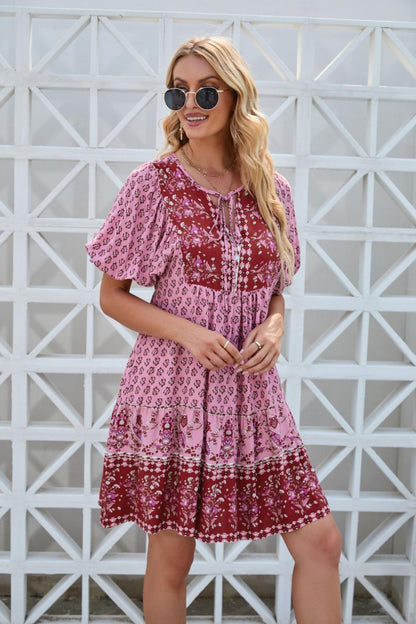 Printed Tie Neck Half Sleeve Boho Dress - Spirit and Rebel [Spirit and Rebel] Fuchsia Pink S 