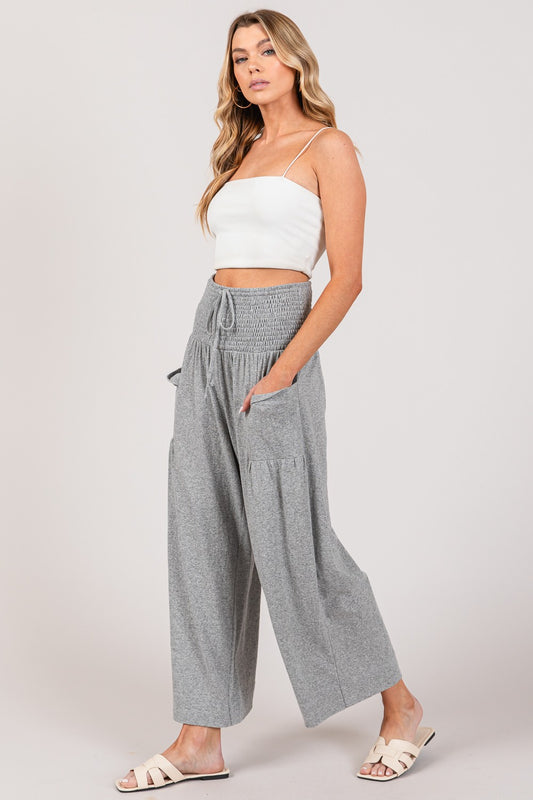 Drawstring Smocked High Waist Boho Pants - Spirit and Rebel [Spirit and Rebel] Gray S 