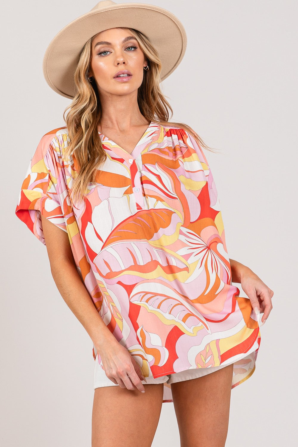 Abstract Print Half Button Boho Blouse - Spirit and Rebel [Spirit and Rebel] Multi Coral S 