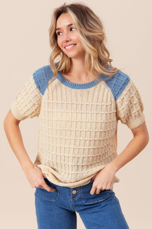 Textured Contrast Short Sleeve Boho Sweater - Spirit and Rebel [Spirit and Rebel] Oatmeal/Denim S 