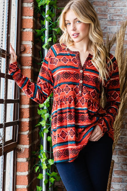 Heimish Plus Size Geometric Button Detail Long Sleeve Babydoll Top [Spirit and Rebel] Scarlet S