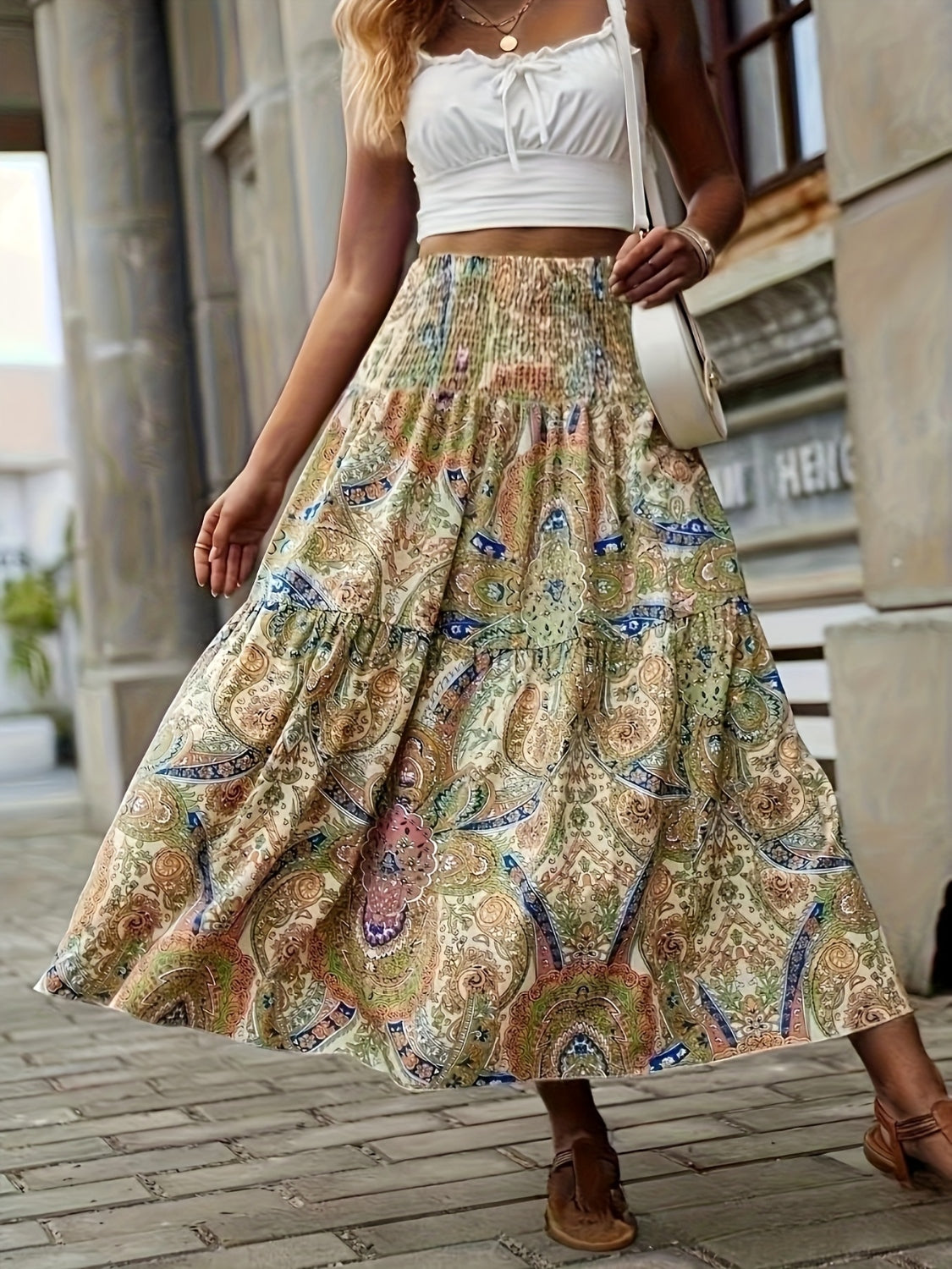 Plus Size Tiered Smocked Printed High Waist Boho Skirt [Spirit and Rebel]   