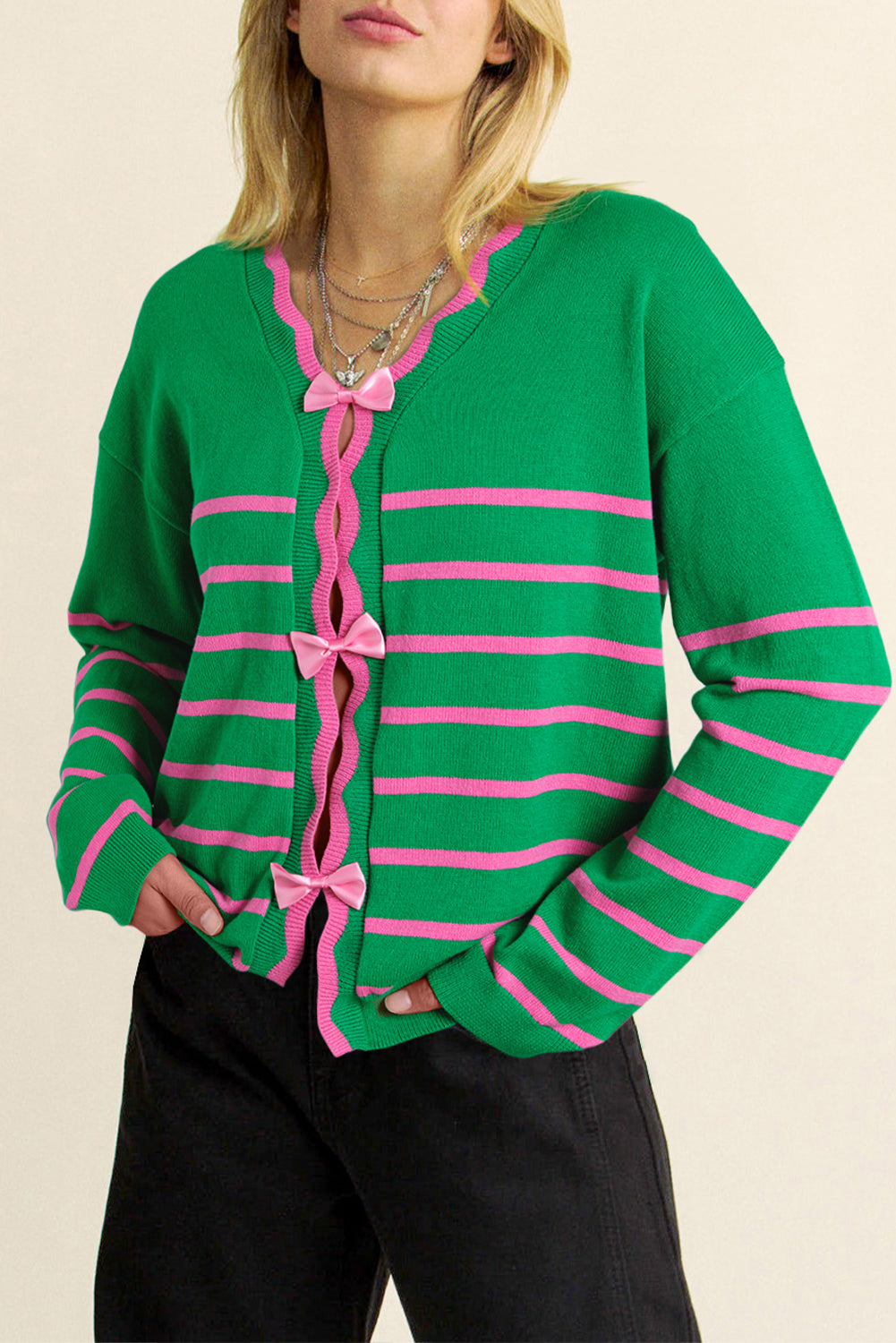 Bow Striped V-Neck Long Sleeve Boho Cardigan [Spirit and Rebel] Green L 