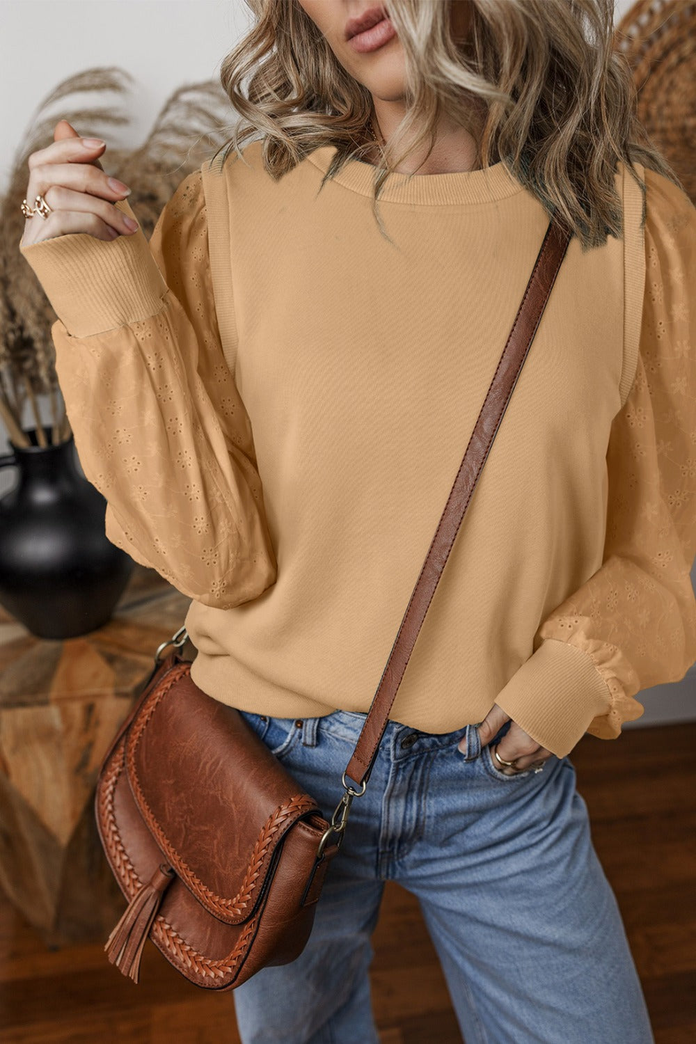 Eyelet Round Neck Long Sleeve Boho Sweatshirt - Spirit and Rebel [Spirit and Rebel] Tan L 