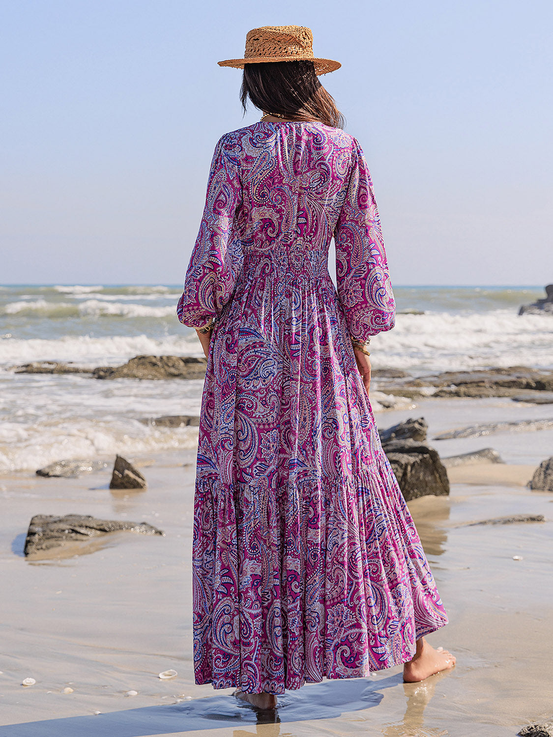 Spirit and Rebel Printed Tie Neck Balloon Sleeve Maxi Dress [Spirit and Rebel]   