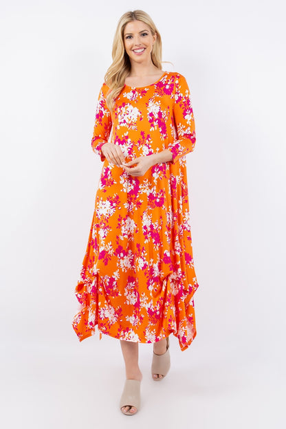 Plus Size Pick-Up Hem Asymmetric Floral Midi Dress - Spirit and Rebel [Spirit and Rebel]   