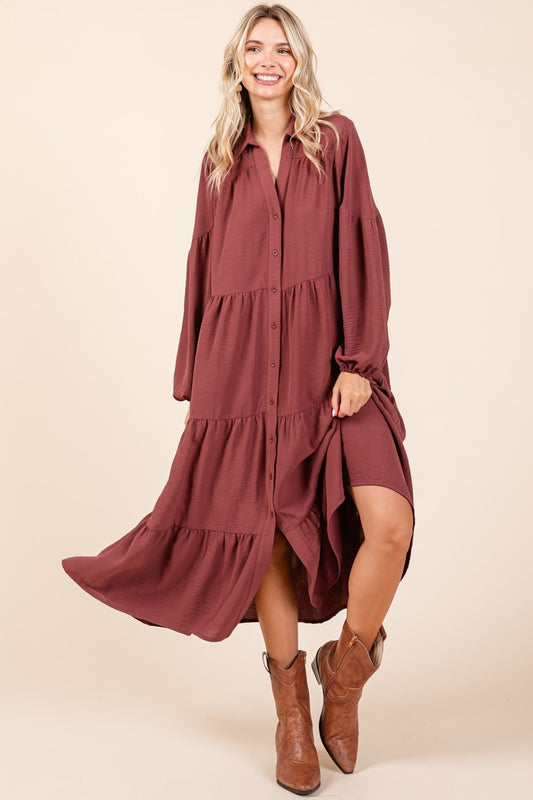 Spirit and Rebel Mittoshop Tiered Button Down Long Sleeve Midi Dress [Spirit and Rebel] Sienna S 