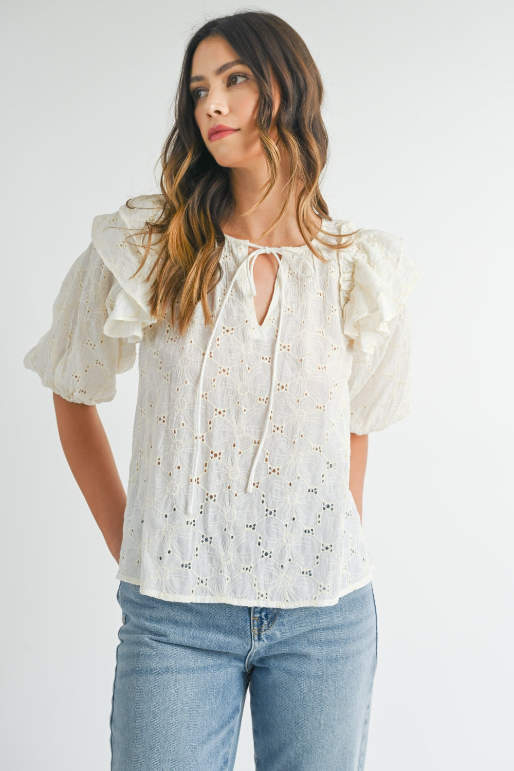 Eyelet Lace Ruffle Shoulder Puff Sleeve Boho Blouse - Spirit and Rebel [Spirit and Rebel] Cream S 