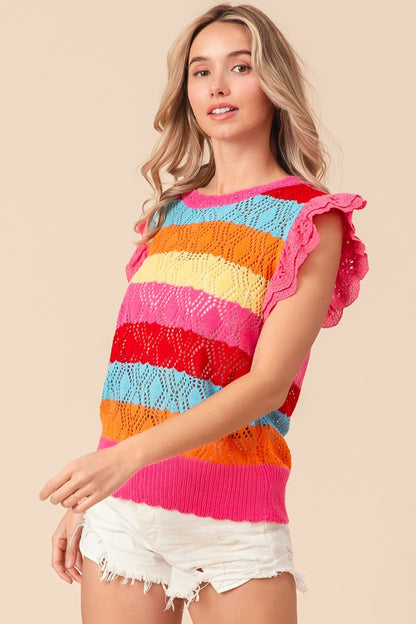 Pointelle Striped Ruffled Knit Boho Top - Spirit and Rebel [Spirit and Rebel]   