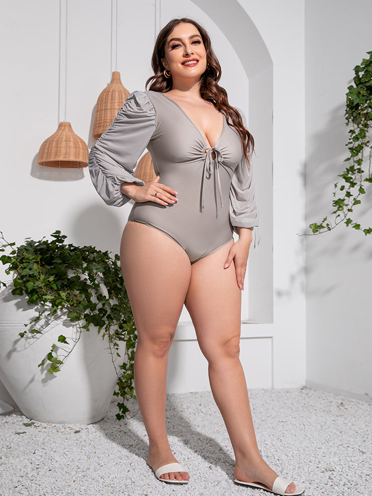 Plus Size Tied Deep V Balloon Sleeve One-Piece Swimsuit [Spirit and Rebel]