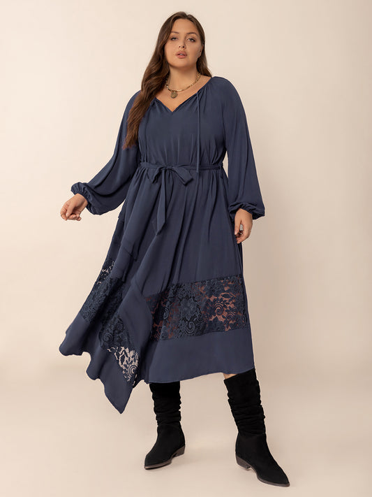 Spirit and Rebel Plus Size Lace Detail Tie Neck Long Sleeve Midi Dress [Spirit and Rebel] Dark Navy 0XL 