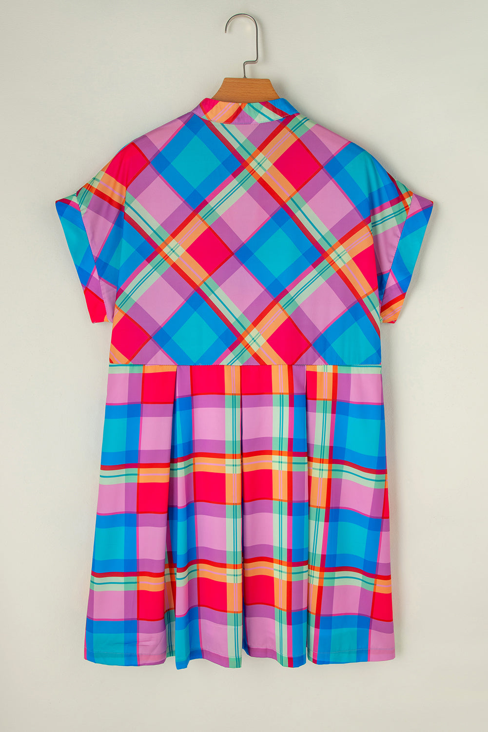 Plaid Notched Short Sleeve Mini Boho Dress - Spirit and Rebel [Spirit and Rebel]   