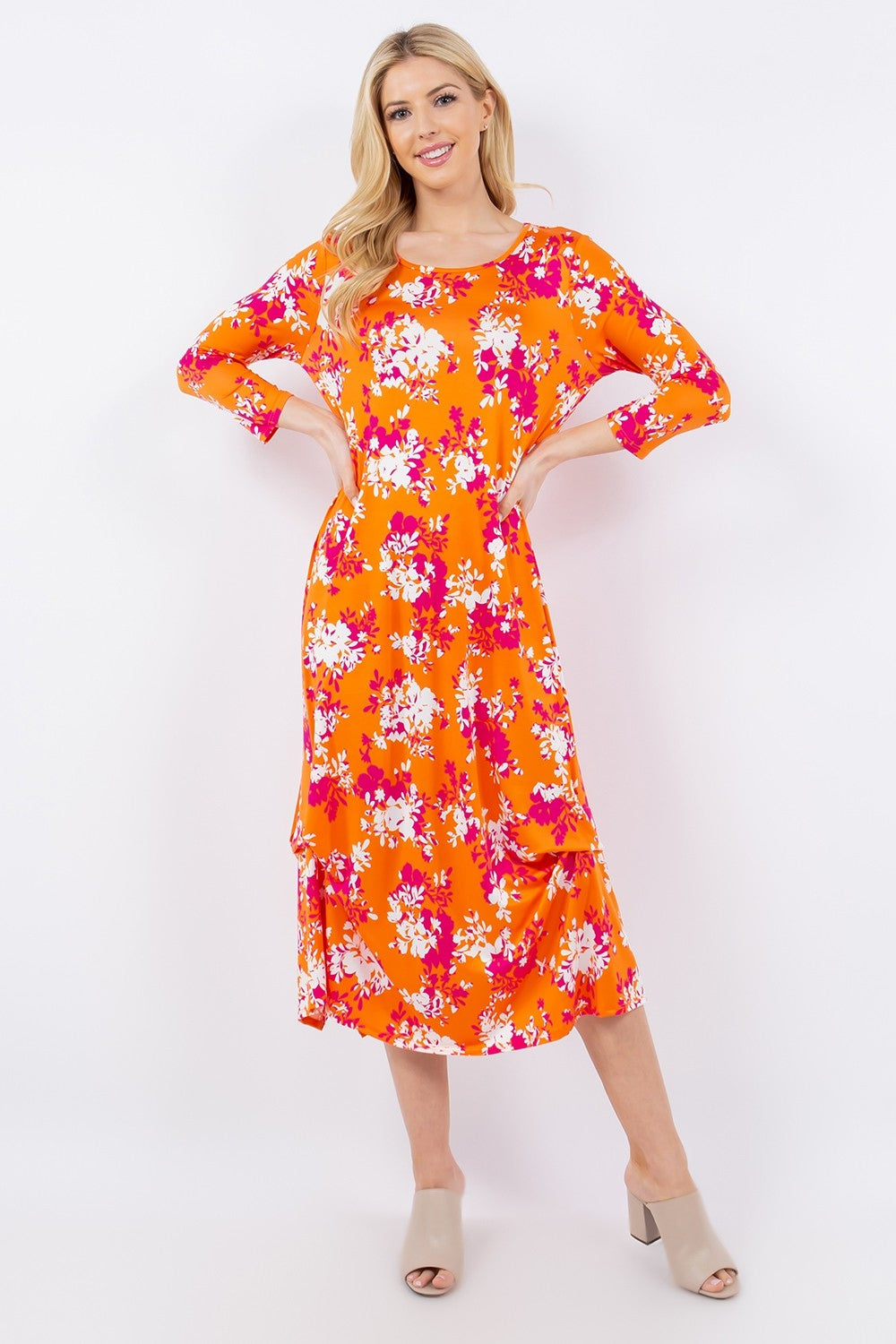 Plus Size Pick-Up Hem Asymmetric Floral Midi Dress - Spirit and Rebel [Spirit and Rebel]   