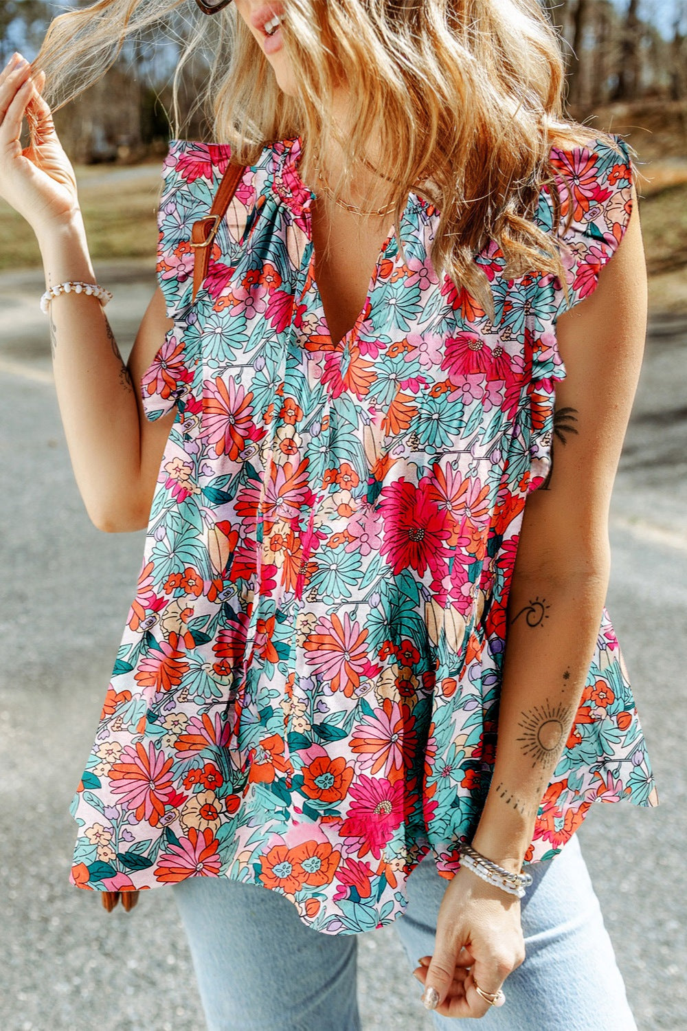 Ruffled Printed Tie Neck Cap Sleeve Boho Blouse [Spirit and Rebel] Floral S 