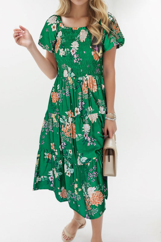 Smocked Printed Puff Sleeve Midi Boho Dress - Spirit and Rebel [Spirit and Rebel] Dark Green S 