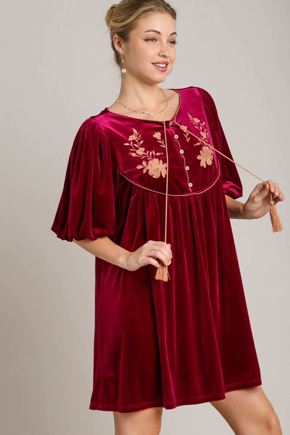 Embroidered Half Sleeve Velvet Mini Dress with Tassel [Spirit and Rebel]