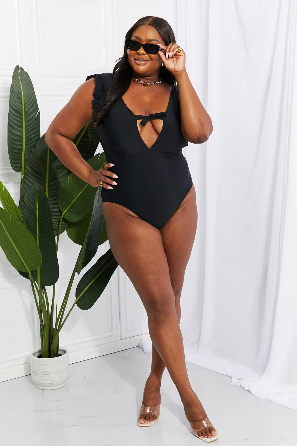 Marina West Swim Seashell Ruffle Sleeve One-Piece in Black Sunset and Swim