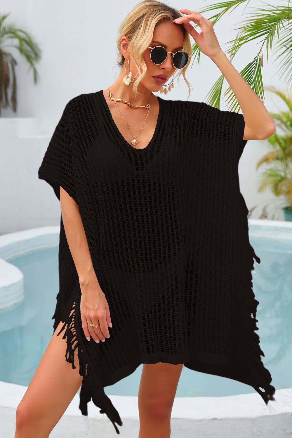 Fringe Trim Openwork Cover Up Sunset and Swim Black One Size