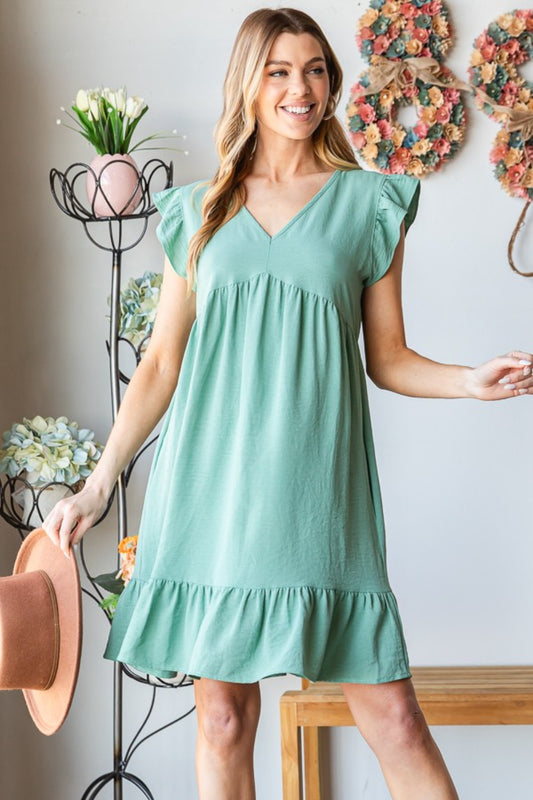 Plus Size Short Sleeve V Neck Ruffled Hem Boho Dress - Spirit and Rebel [Spirit and Rebel] Dusty Sage S 