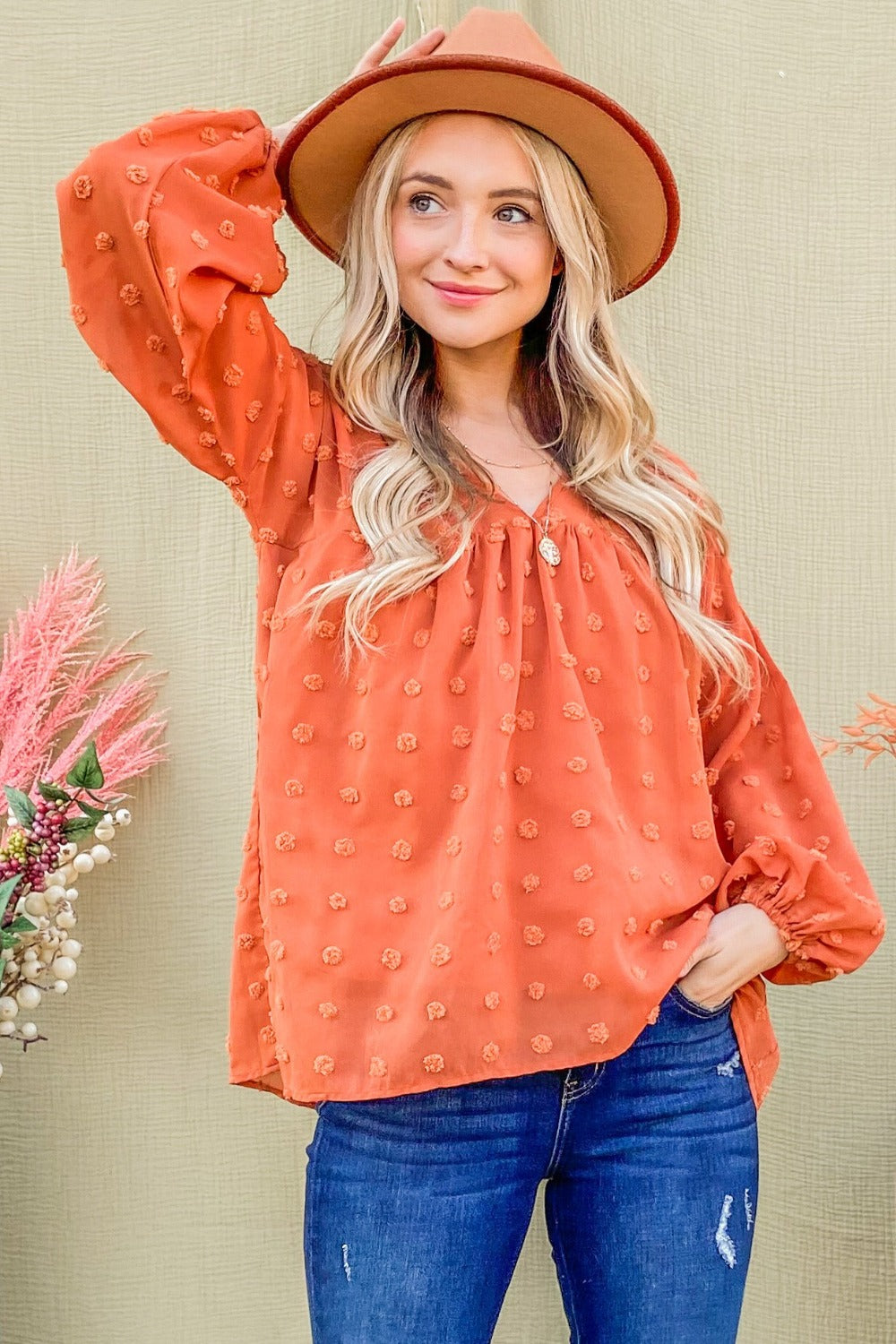 Spirit and Rebel Swiss Dot V Neck Balloon Sleeve Woven Bohemian Blouse [Spirit and Rebel] Rust S 