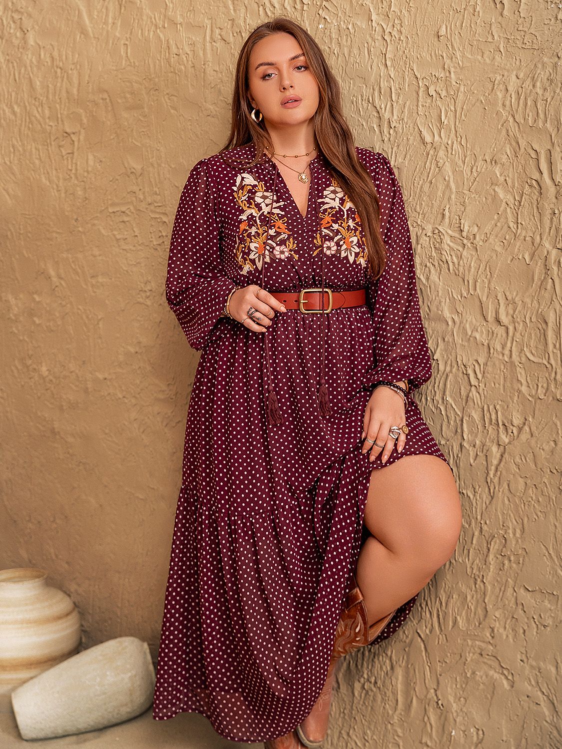 Spirit and Rebel Plus Size Embroidered Polka Dot Tie Neck Long Sleeve Midi Dress [Spirit and Rebel]   