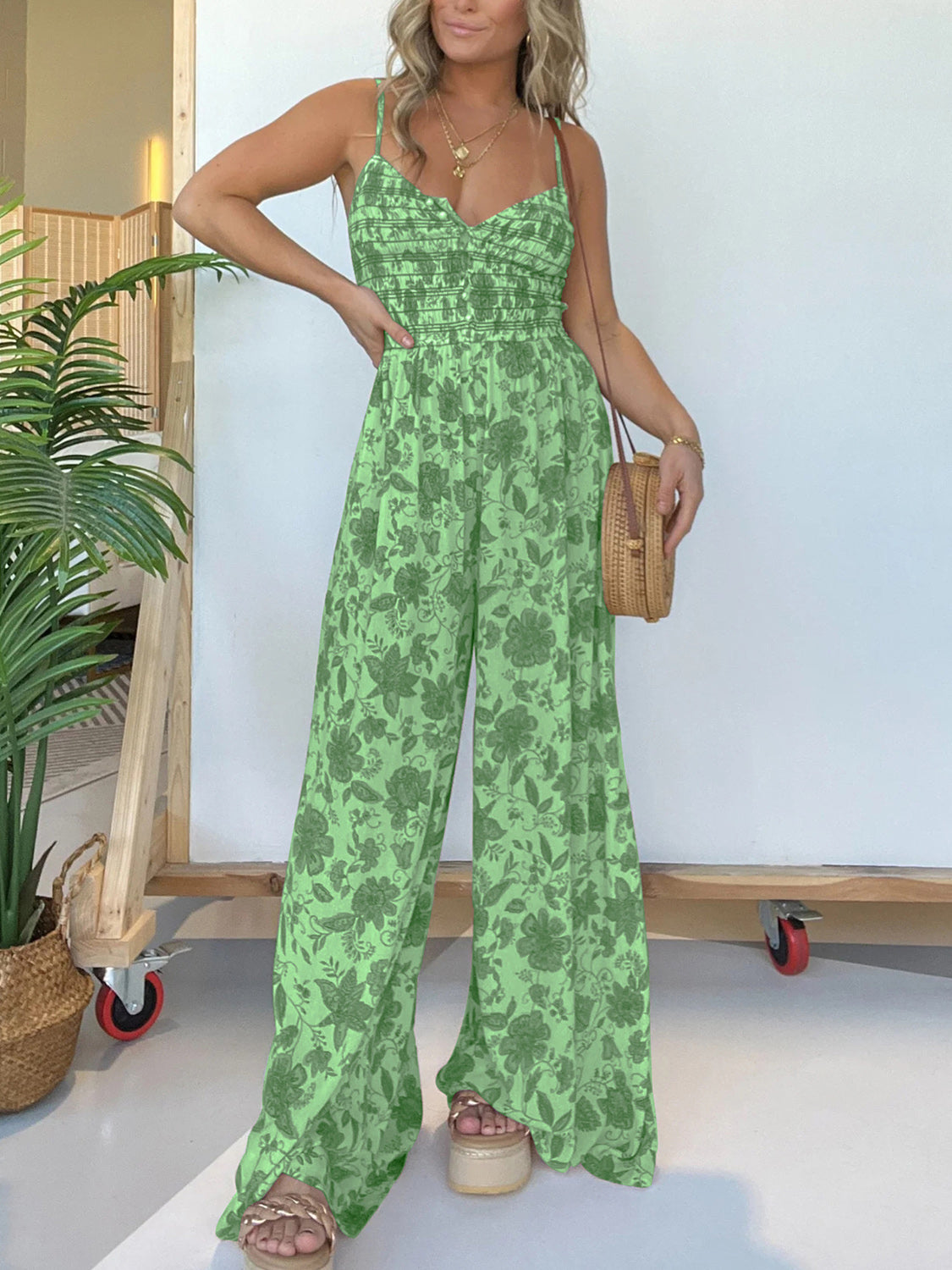 Plus Size Printed Spaghetti Strap Wide Leg Boho Jumpsuit - Spirit and Rebel [Spirit and Rebel]   