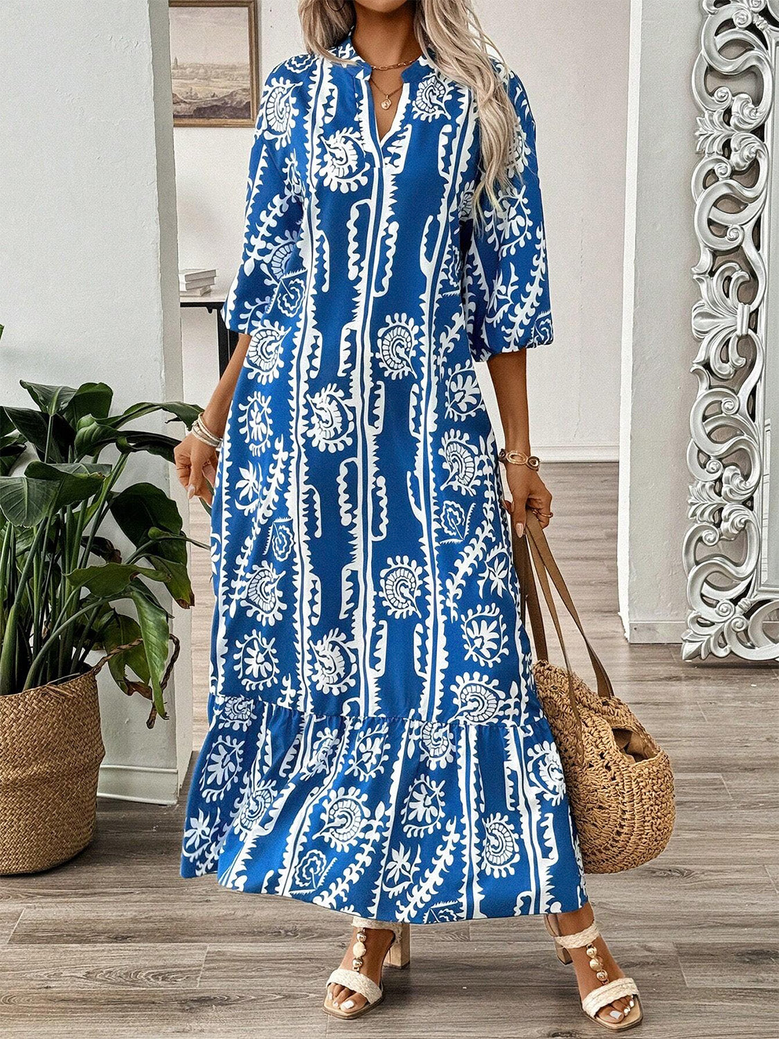 Spirit and Rebel Printed Notched Half Sleeve Maxi Dress [Spirit and Rebel]   