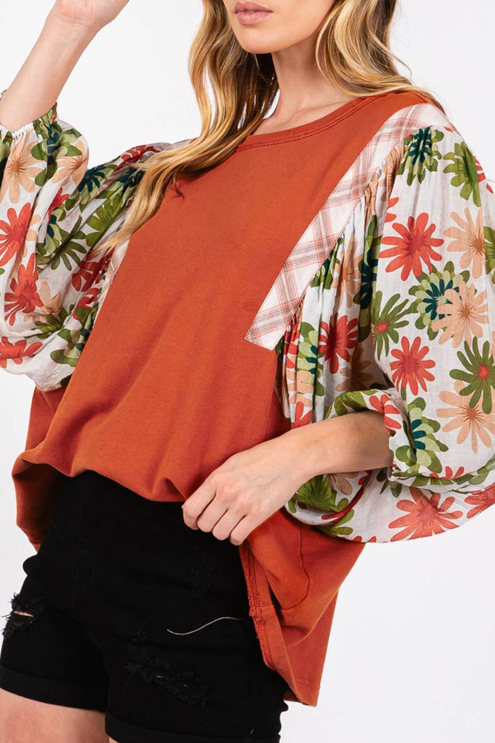 Printed Round Neck Balloon Sleeve Blouse [Spirit and Rebel] Orange-Red S